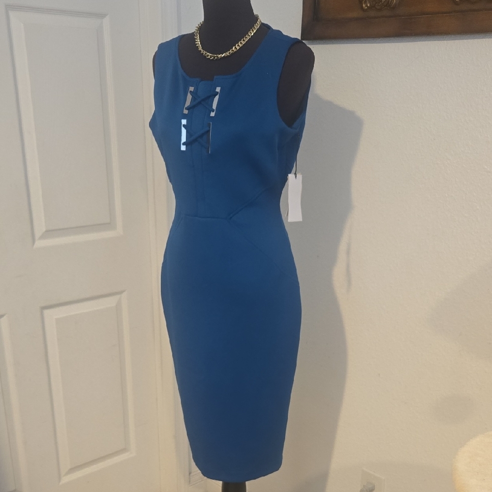 Ivanka Blue Midi Dress with Chain Detail